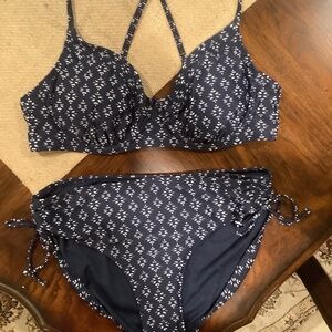 Weekend special!   Athleta blue and white two-piece bathing suit.